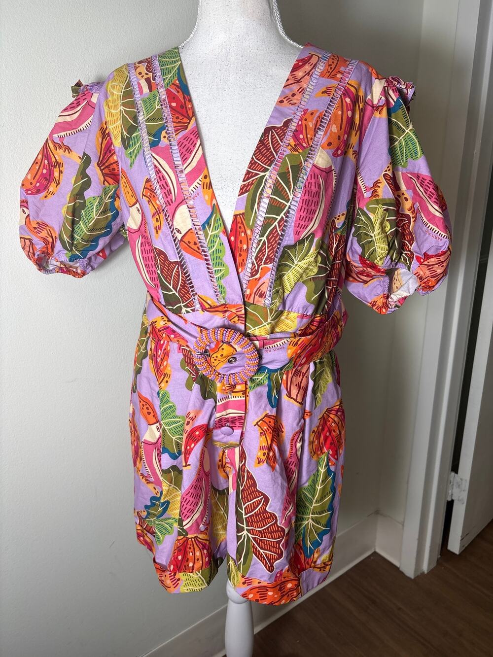 Farm Rio Purple Toucan Print Half Puff Sleeve Cotton Romper Sz L
